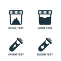 Stool, Urine, Sperm, Blood Test Set Silhouette Icon. Sample for Laboratory Research Pictogram. Medical Exam of Blood