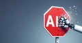 stop AI. Red road sign being crushed by a robot hand. Illustrative cartoon style. Gray background.