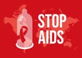 Stop AIDS poster with condom and red ribbon vector illustration