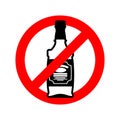 Stop alcohol. Bottle of whiskey on red circle. Road sign Ban al