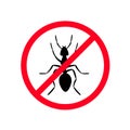 Stop ant red sign, no ants banner on white background. Warning symbol for disinfection, insect protection, vector