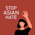 Stop Asian Hate. Antiracism banner to support Asian community. Stop AAPI hate campaign. Poster with black hair woman