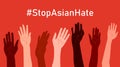 Stop Asian Hate. Hashtag StopAsianHate. Horizontal poster with people of different skin colors and raised hands. Stop Royalty Free Stock Photo