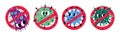 Stop bacteria signs. Round antigerms symbols. Viruses strikethrough. Cartoon funny characters. Antimicrobe prevention