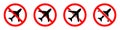 Stop or ban red round sign with airplane icon. No flights. Flights banned