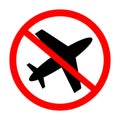 Stop or ban red round sign with airplane icon. Vector illustration. Forbidden sign. No flights. Flights banned Royalty Free Stock Photo