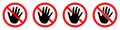 Stop or ban red round sign with hand icon. Touch with hands is prohibited