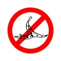Stop Banana peel. ban Old rotten banana. Dangerous Red prohibition sign
