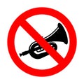 Stop beep Trumpet isolated. Ban hooter. Red prohibition road sign Royalty Free Stock Photo