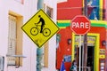 Stop and bike sign in colorful area in La Boca neighborhood. Royalty Free Stock Photo