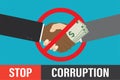 Stop bribery and corruption, concept banner. Handshake and money. Bribe in red prohibition sign. Problem of crime and corruption Royalty Free Stock Photo