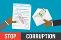 Stop bribery and corruption, concept. Hand gives envelope with banknotes, other hand holds accepted contract. Successful bribe Royalty Free Stock Photo