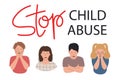 Stop child abuse banner. Family violence, domestic abuse and aggression concept. Scared, stressed children Royalty Free Stock Photo
