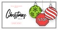 Stop christmas greeting card in trendy line style. Merry Christmas and Happy New Year outline cartoon Sports banner. stop sign as Royalty Free Stock Photo
