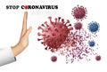 Stop Coranavirus concept background. Hand destroying virus COVID - 19