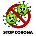 Stop Corona cartoon style sign, angry Covid-19