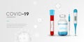 Stop Coronavirus banner with blank space for your creativity. Covid-19 rapid test, vaccine, thermometer, syringe, 3d virus cells