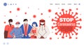 Stop coronavirus banner with group of people cartoon vector illustration.