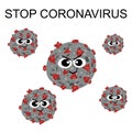 Stop coronavirus call. Angry evil coronavirus COVID-19. Cute cartoon characters. Vector hand drawn illustration