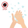 Stop coronavirus COVID 19. Red sign. Wash hands with soap soap foam bubble. Cute cartoon character hand body part. Personal Royalty Free Stock Photo