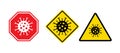 Stop coronavirus covid 19 vector quarantine signs. Pandemic corona virus prevention illustration warning