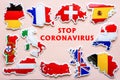 Stop coronavirus in Europe. Maps of Great Britain, France, Germany, Italy, Spain, Austria, Belgium, Switzerland, Netherlands, Royalty Free Stock Photo