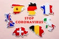 Stop coronavirus in Europe. Maps of Great Britain, France, Germany, Italy, Spain, Belgium, Switzerland with flags on light Royalty Free Stock Photo