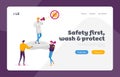 Stop Coronavirus Landing Page Template. Tiny Characters in Masks Carry Huge Antibacterial Soap with Doctor in Labcoat