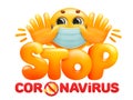 Stop coronavirus 2019-ncov awareness lettering phrase. emoticon yellow cartoon character in medical mask