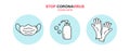 Stop coronavirus text icon. Vector monoline soap gel bottle sanitizer, medical mask and rubber gloves icons. Simple element