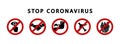 Stop coronavirus warning signs. Prohibition symbol. Zone quarantine. Dangerous virus