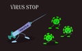 Stop coronovirus. The fight against infection. The vaccine kills Sovid-19, an active drug. Viruses run away in fear, but then die