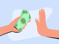 Stop corruption, anti bribery concept. Hand offers money, other hand shows a gesture of refusal. Businessman hand giving Royalty Free Stock Photo