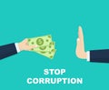 Stop Corruption. Concept Businessman Hand Refusing Corruption Money. Vector Illustration.