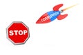 Stop Corruption Concept. Stop Sign Shield with Corruption Sign Rocket. 3d Rendering Royalty Free Stock Photo