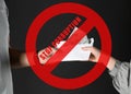 Stop corruption. Illustration of red prohibition sign and woman giving bribe money to man on black background, closeup Royalty Free Stock Photo