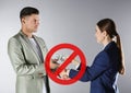 Stop corruption. Illustration of red prohibition sign and woman giving bribe to man on grey background Royalty Free Stock Photo