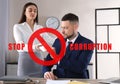 Stop corruption. Illustration of red prohibition sign and woman giving bribe to man at table in office Royalty Free Stock Photo
