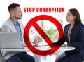 Stop corruption. Illustration of red prohibition sign and woman giving bribe to man at table indoors Royalty Free Stock Photo