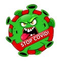 Stop Covid banner. Funny cartoon Coronavirus