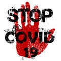Stop Covid-19 Coronavirus concept, red grunge sign with hand Royalty Free Stock Photo