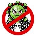 Stop Covid-19 coronavirus sign and symbol with angry corona virus cartoon mascot vector illustration