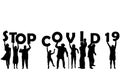 STOP COVID 19 with silhouette of women, men and children holding letters