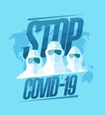 Stop covid-19 flat poster with scientist dressed in protective suits and masks Royalty Free Stock Photo