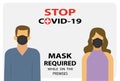 Stop COVID-19 masks required while on the premises, face mask required sign Royalty Free Stock Photo