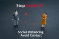 STOP COVID-19 SOCIAL DISTANCING AVOID CONTACT text with miniature people on dark background