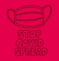 Stop covid spread lettering and safety mask covid19 pandemic on red background