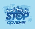 Stop covid-19 together vector poster with scientists, lifeguards, doctors, builders, businessmens dressed in protective masks