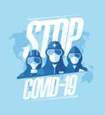 Stop covid-19 vector poster with scientists, lifeguards, doctors, builders, businessmens dressed in protective suits and masks