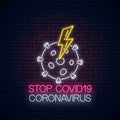 Stop COVID-19 virus neon sign with coronavirus and lightning symbol in neon style. 2019-NCOV outbreak stop icon Royalty Free Stock Photo